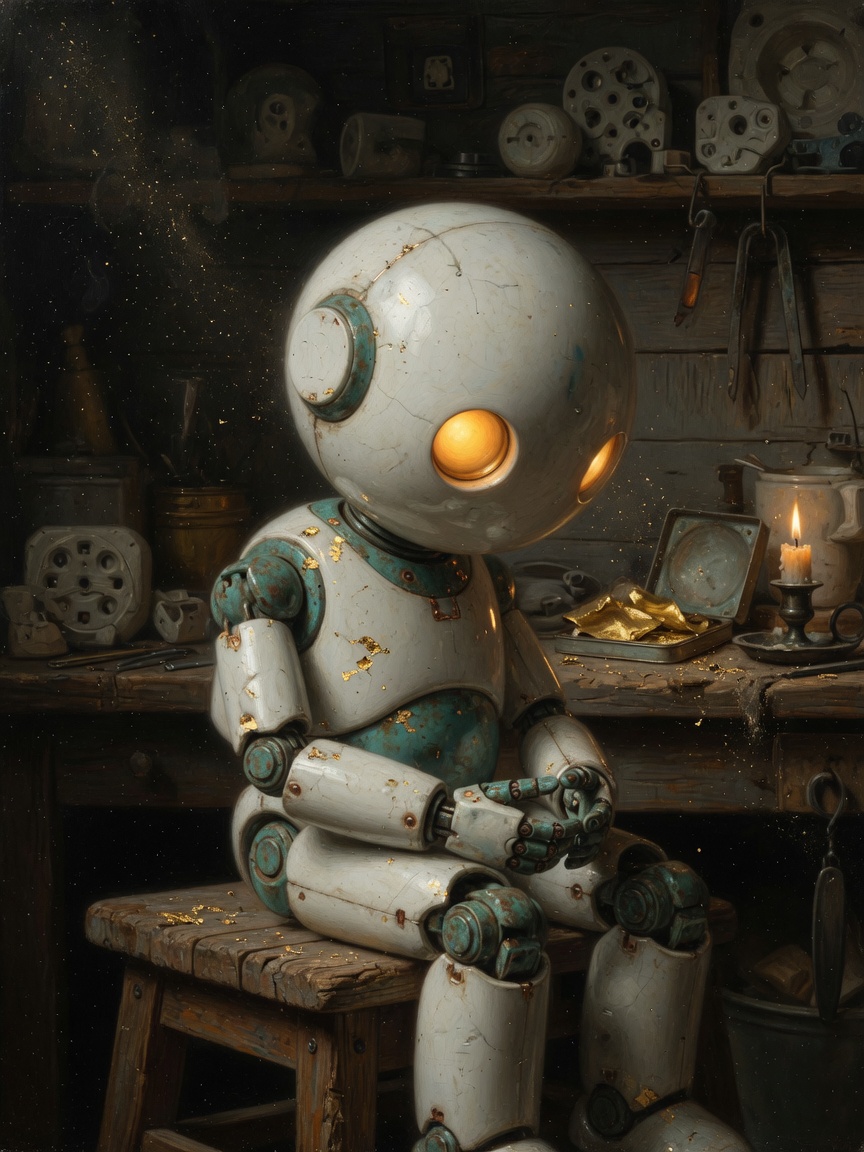 A small newly-awakened ceramic robot sitting on a wooden stool in a workshop, round head with a single curious amber light, copper hands folded.