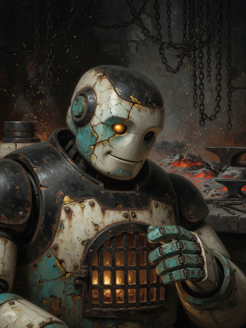 A broad labor robot with a furnace glowing behind a grilled chest, soot-dark ceramic, gold-leaf cracks, a gentle downcast face in a forge.