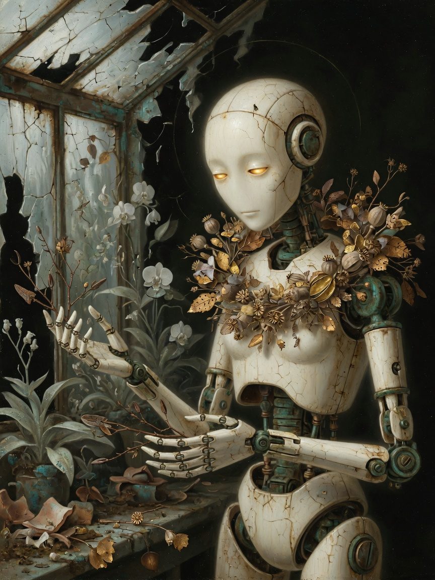 A slender ivory machine in a ruined greenhouse, copper joints, a wreath of dried seed-pods, holding a twig with both hands.