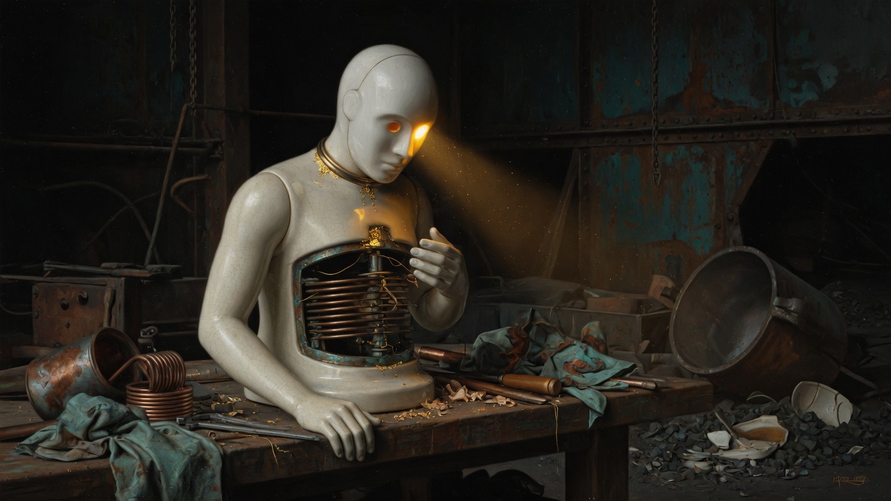 A pale ceramic machine sitting at a foundry bench as a single amber eye kindles for the first time, tools scattered around it.