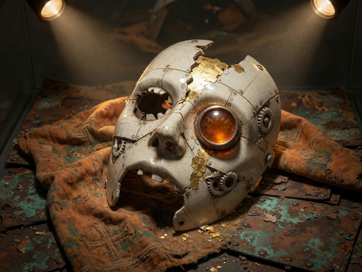 A cracked ceramic machine mask with a vertical gold-leaf fracture and one remaining amber glass eye, displayed like a museum relic.